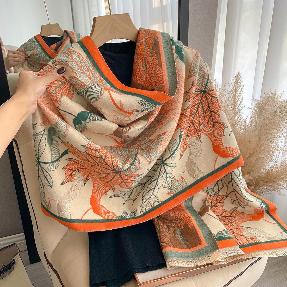 Winter Literary Imitation Cashmere Scarf Women'S Elegant Maple Leaf Printing Scarf Thickened Warm And Windproof Versatile Shawl