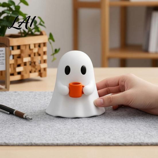 Modern Home Accents Ghost Drinking Coffee Figurine 3D Printed Cute White Holding A Mug Fall Seasonal Decor Statue Spooky Halloween Decoration