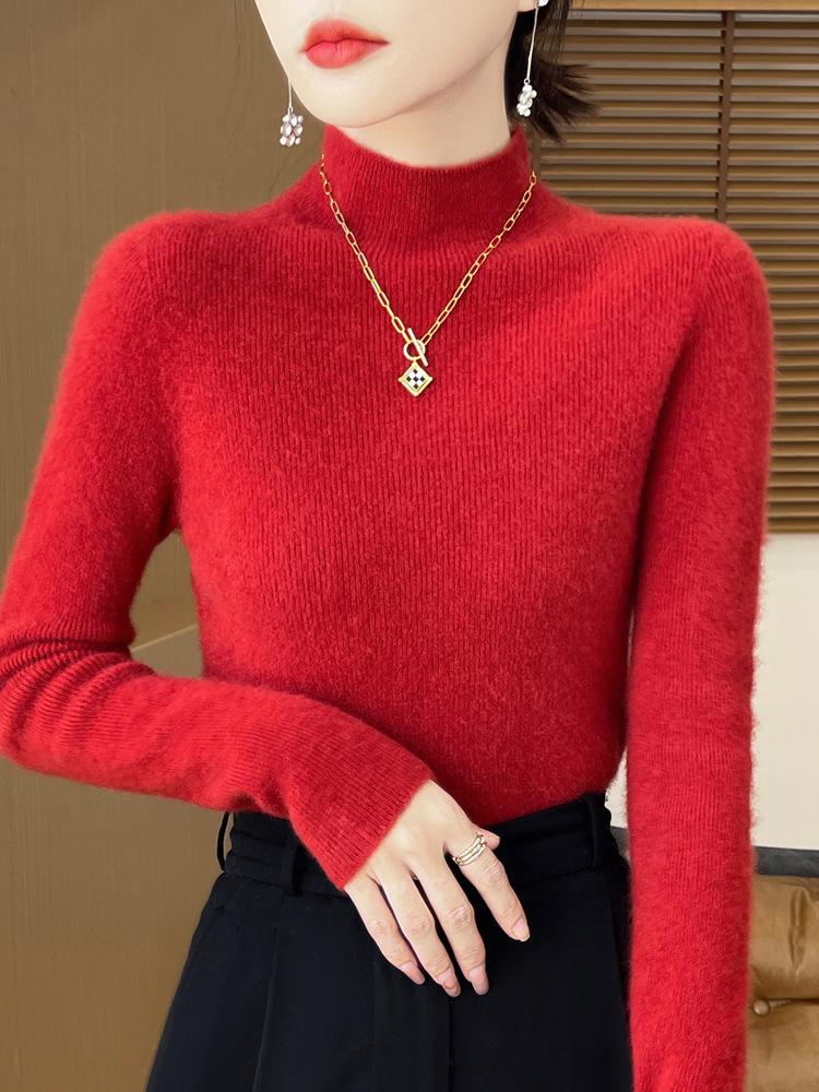 Women's Designer-Inspired Slim Fit Half-High Collar Knit Sweater, Thick Solid Color, Perfect Autumn/Winter Base Layer