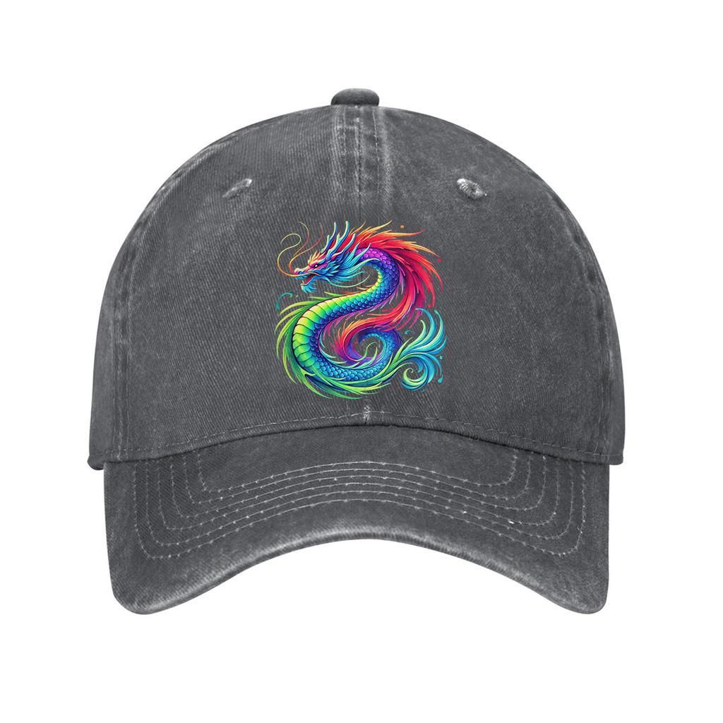Rainbow Dragon Print Washed Denim Baseball Cap Adjustable Casual Dad Hat Unisex