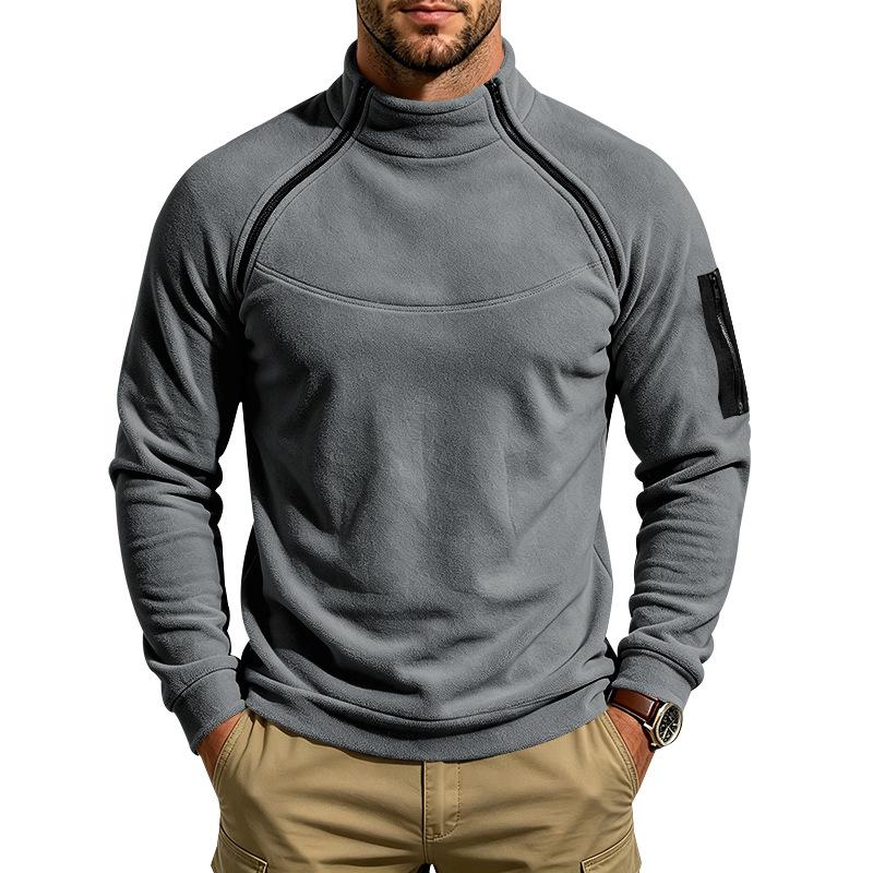 Men Fleece Casual Sweatshirt Half High Collar Long Sleeve Pullover Tops Arm Zipper Pocket Trend Loose Warm Outdoor Sport Men's Hoodie