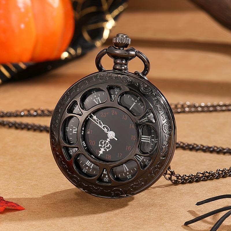 

Vintage Black Hollow Steampunk Design Quartz Pocket Watch, with Necklace Pendant, Roman Numeral Dial World-Time Feature чорний