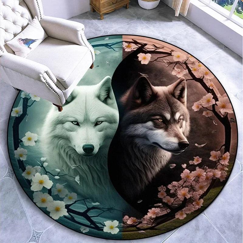 Crystal Velvet Tree of Life Round Rug, Dragon Tiger Yin Yang Print Non Slip Floor Mat for Living Room, Bedroom, Home Decor