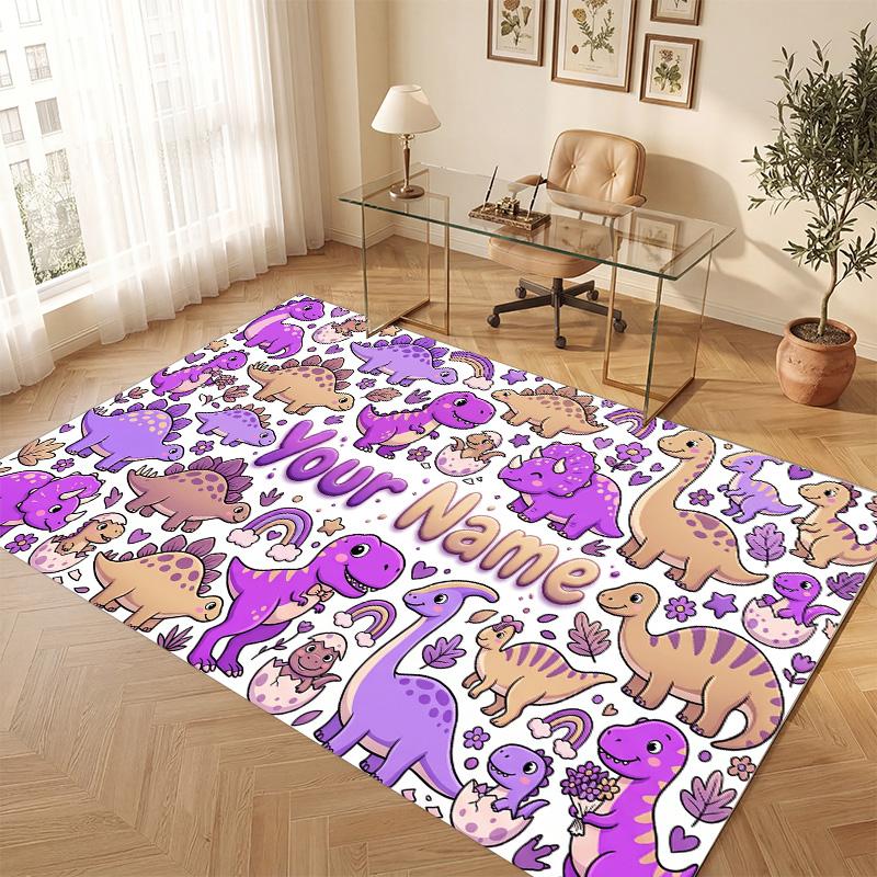 Dinosaur Theme Soft Crystal Velvet Rug Custom Name & Text Print Non Slip Floor Rug for Bedroom Living Room