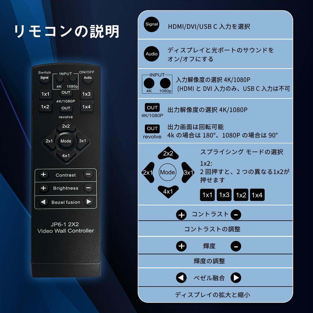 2x2 HDMI Video Wall Controller 4K HD Display 1920x1080P 60Hz HDMI DVI RS232 Video Input with IR Remote Border Rotation 9 Display Modes 1x2 4x1