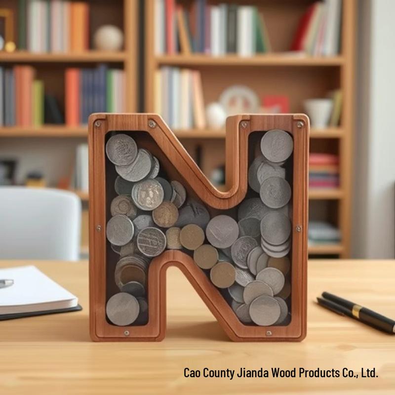 Creative Wooden Piggy Bank: Transparent Letter Coin Box for Kids