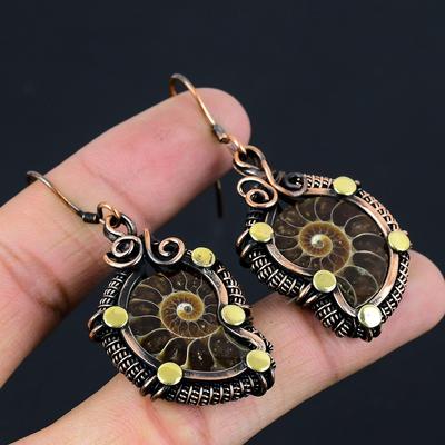 Orecchini fatti a mano avvolti in filo di rame puro con pietre preziose fossili di ammonite fantasia per regalo
