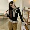 Undershirts Faux Two Piece T Shirt Lattice Ruffle Slim Fit  Top Soft Long Sleeve Top  Women