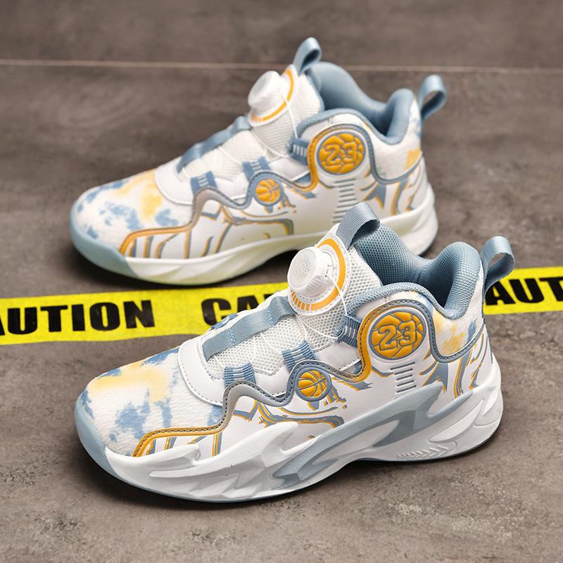 Net Shoes Spring and Autumn Actual Combat Boys Basketball Shoes Rotating Button Training Sneakers Running Shoes 6-12 Years Old