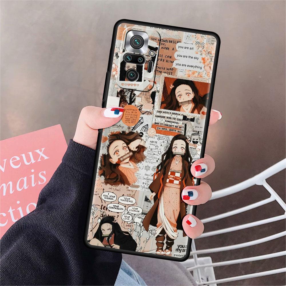 Luxury Black Phone Case For Xiaomi Redmi Note 11 10 9 8 7 Pro 9S 9A 9C 10s 8T K40 10C 10S Funda Cover Kimetsu Yaiba Demon Slayer
