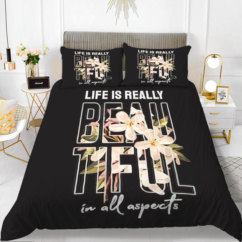 Flower Duvet Cover Set Words White Background with Colourful Flowers Pattern Bike King Size for Boys Girls Polyester Bedding Set