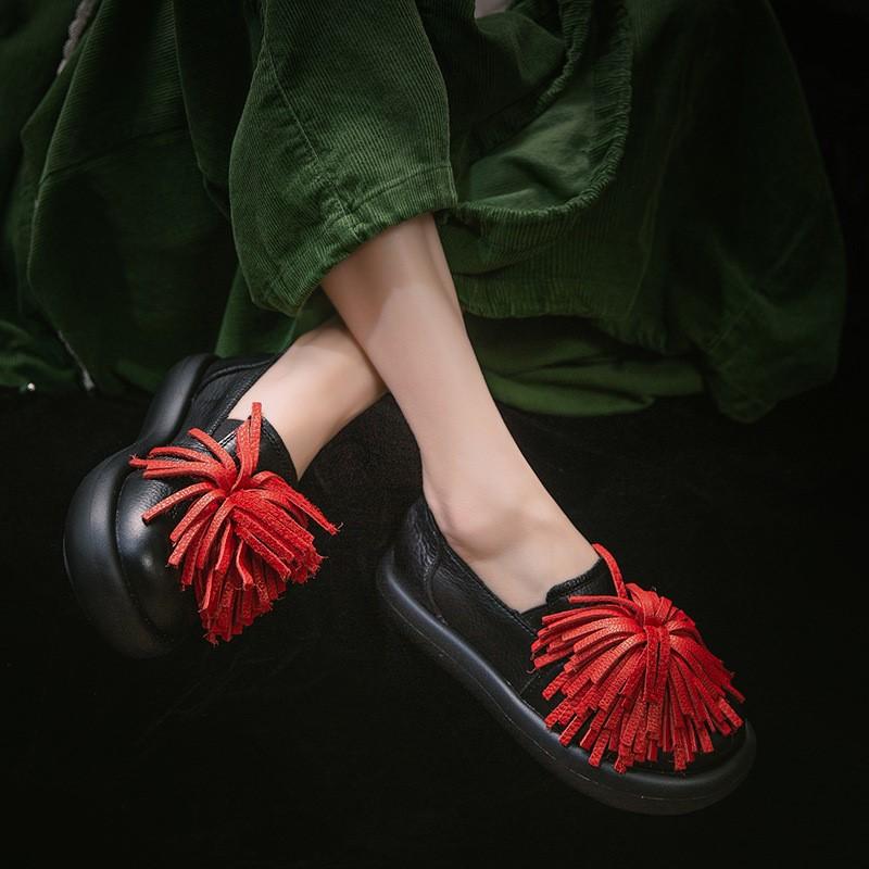 Johnature Genuine Leather Comfortable Ethnic Style Slip-on Shoes Versatile Soft Soled Women's Flat Shoes