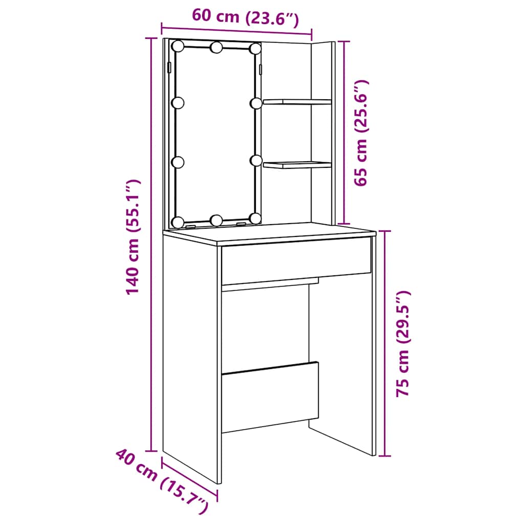 Makeup Table with LED Lights Artisan Oak 60 x 40 x 140 cm