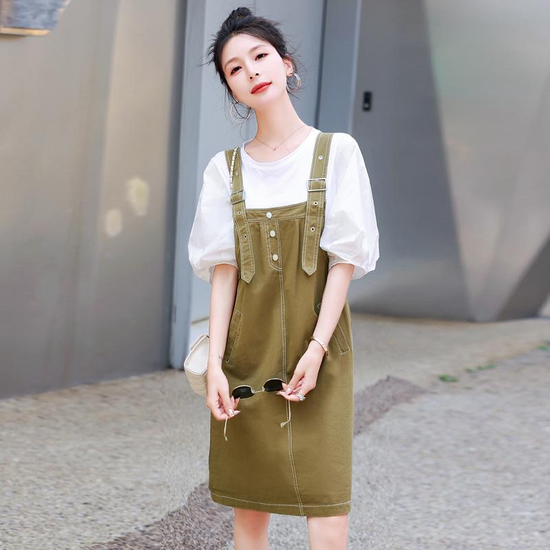 

Модный корейский летний комплект комбинезона для миниатюрных женщин, визуально омолаживающий (2025) - Повседневное платье-сарафан, скрывающее живот XXL