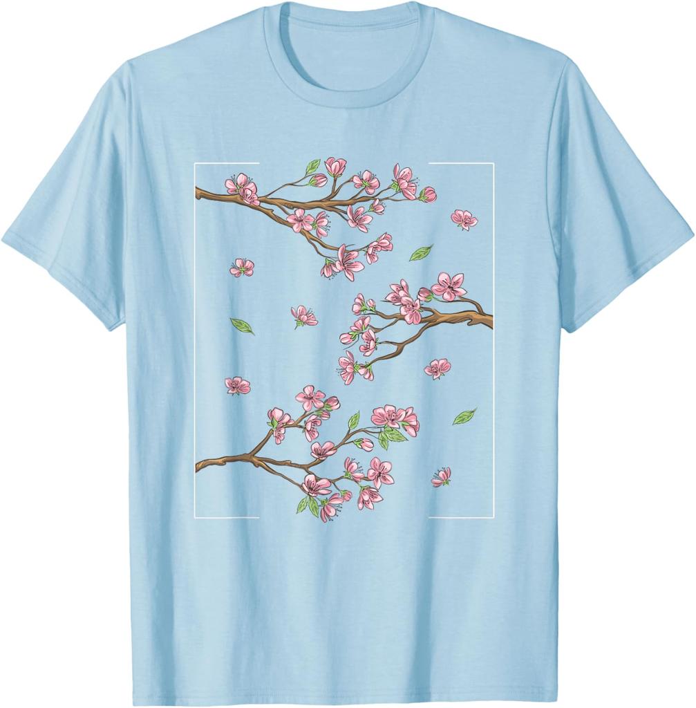 Cherry Blossom Sakura Tree Graphic Tee Japanese Style Casual Short Sleeve T-Shirt for Men Women