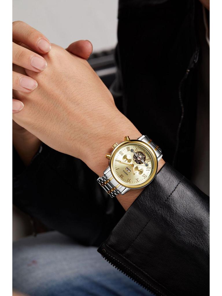 Herren Vollautomatische Multifunktionsuhr mit Lederarmband und Kalender