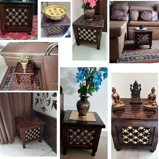 30.48 Cm Handmade Beautiful Wooden Stool with Brass Cutting Design Storage for Living Room Bedroom Furniture