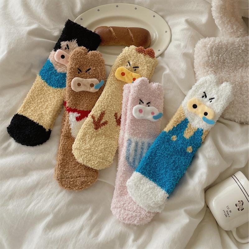 Winter Warm Thick Socks Female Cartoon Piggy Coral Fleece Medium Tube Socks Can Be Home Sleeping Socks
