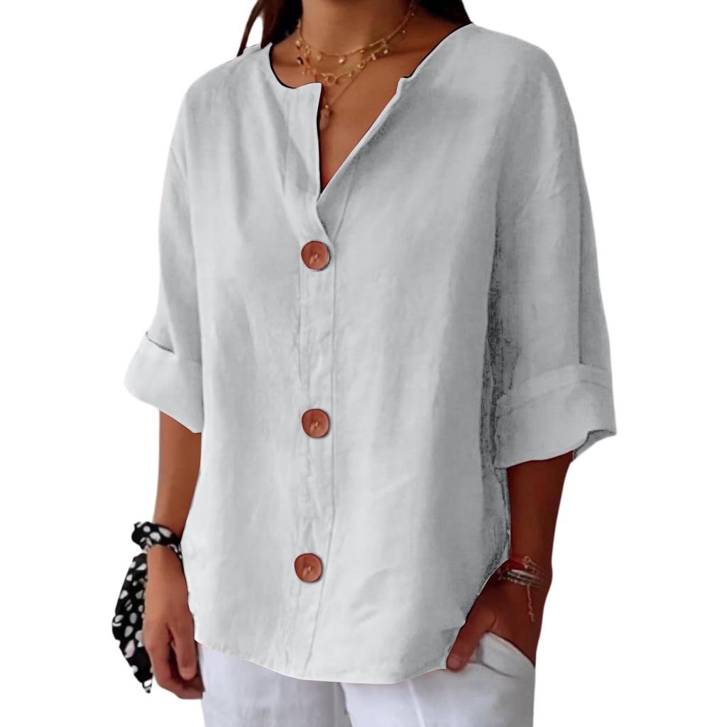 Women's Fashion Casual V-Neck Buttoned Seven-Point Sleeve Cotton T-Shirt Top