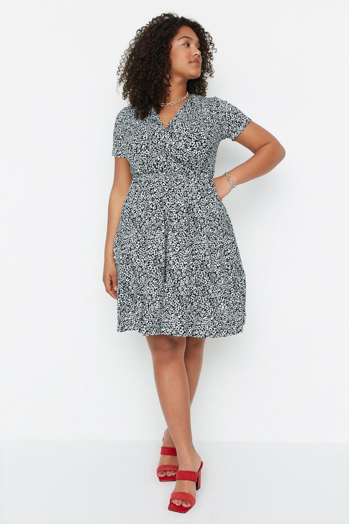 Damen Stil Übergröße Orange V-Ausschnitt Strickkleid mit Blumenmuster