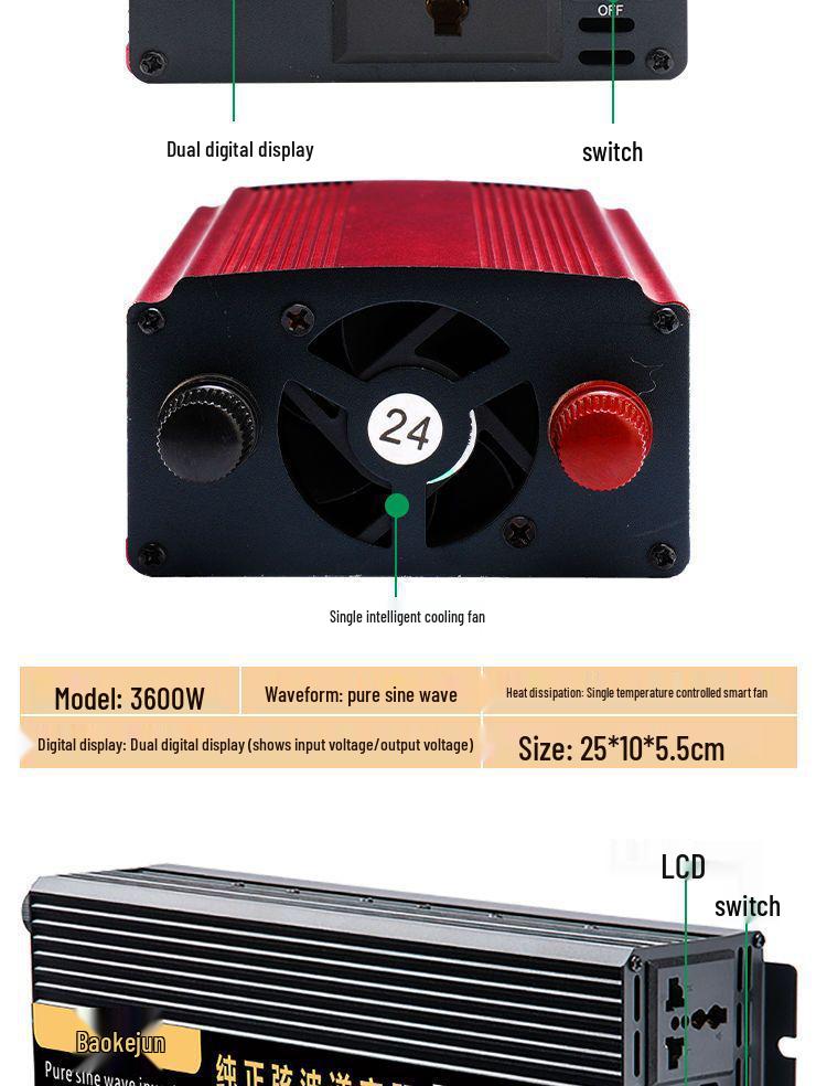 High Power Pure Sine Wave Inverter: 12V/24V Truck To 220V Electric Vehicle, 48V/60V Battery for Home or Car Use.