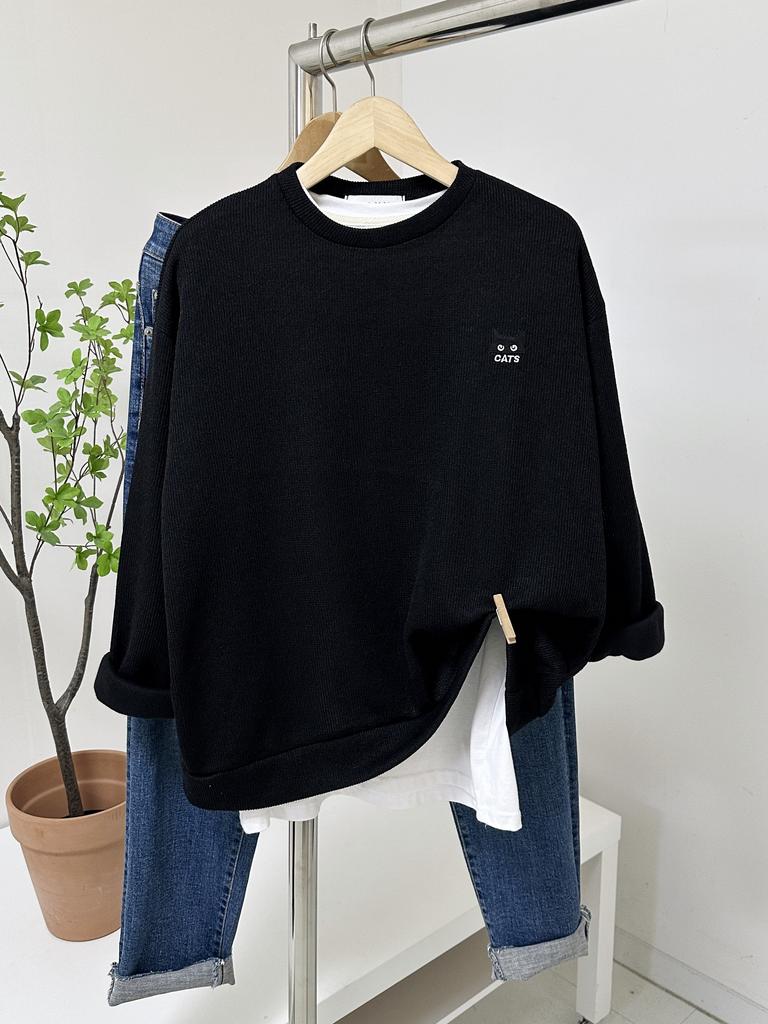 Brother's Class Black Cat Embroidered Lettering Couple Oversized Men's Sweatshirt