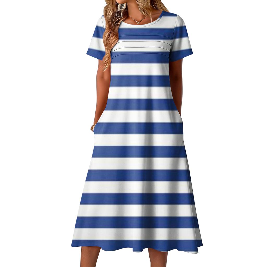 Ladies' striped printed casual and fashionable short sleeved round neck dress