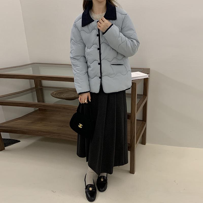 New Contrasting Color Sewn Cotton Jacket Short Autumn and Winter Women's Retro Lapel Thin Cotton Jacket Thickened Jacket