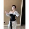 Koreanisches Streifen-Farbblock-Patchwork-One-Shoulder-Taillenbetontes Schlankmachendes Oberteil für Damen