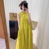Casual yellow off-the-shoulder zipper crumpled neck dress women's summer temperament loose and thin umbrella skirt long dress