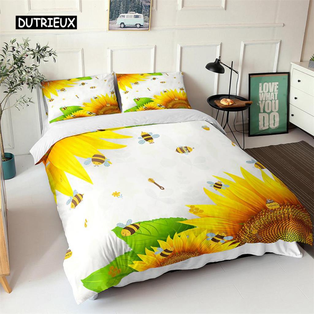 Sunflower Duvet Cover Set Yellow Flower Twin Bedding Set Polyester Black Gold Yellow Sunflowers Print Quilt Cover for Kids Teens