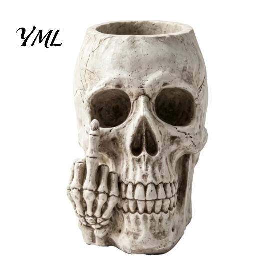 Resin Succulent Planter Gothic Skull with Middle Finger Design, Skeleton Flower Pot Punk Style Room Accessories for Succulents, Funny Plant