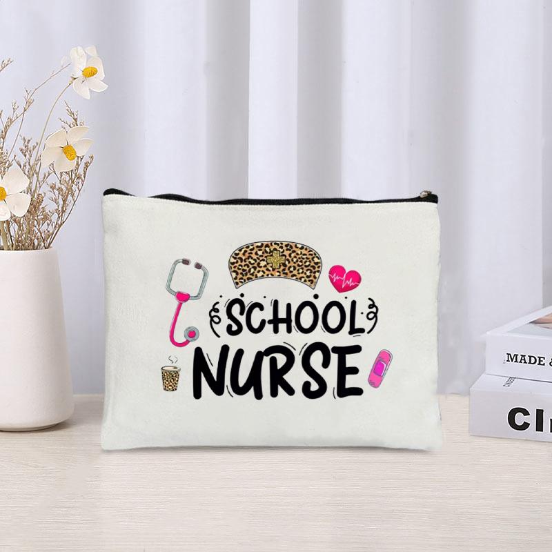 Nurse Life Love Leopard Printed Canvas Cosmetic Bag Travel Sundries Zipper Storage Pouch Office Supplies Pencil Case Nurse Gift
