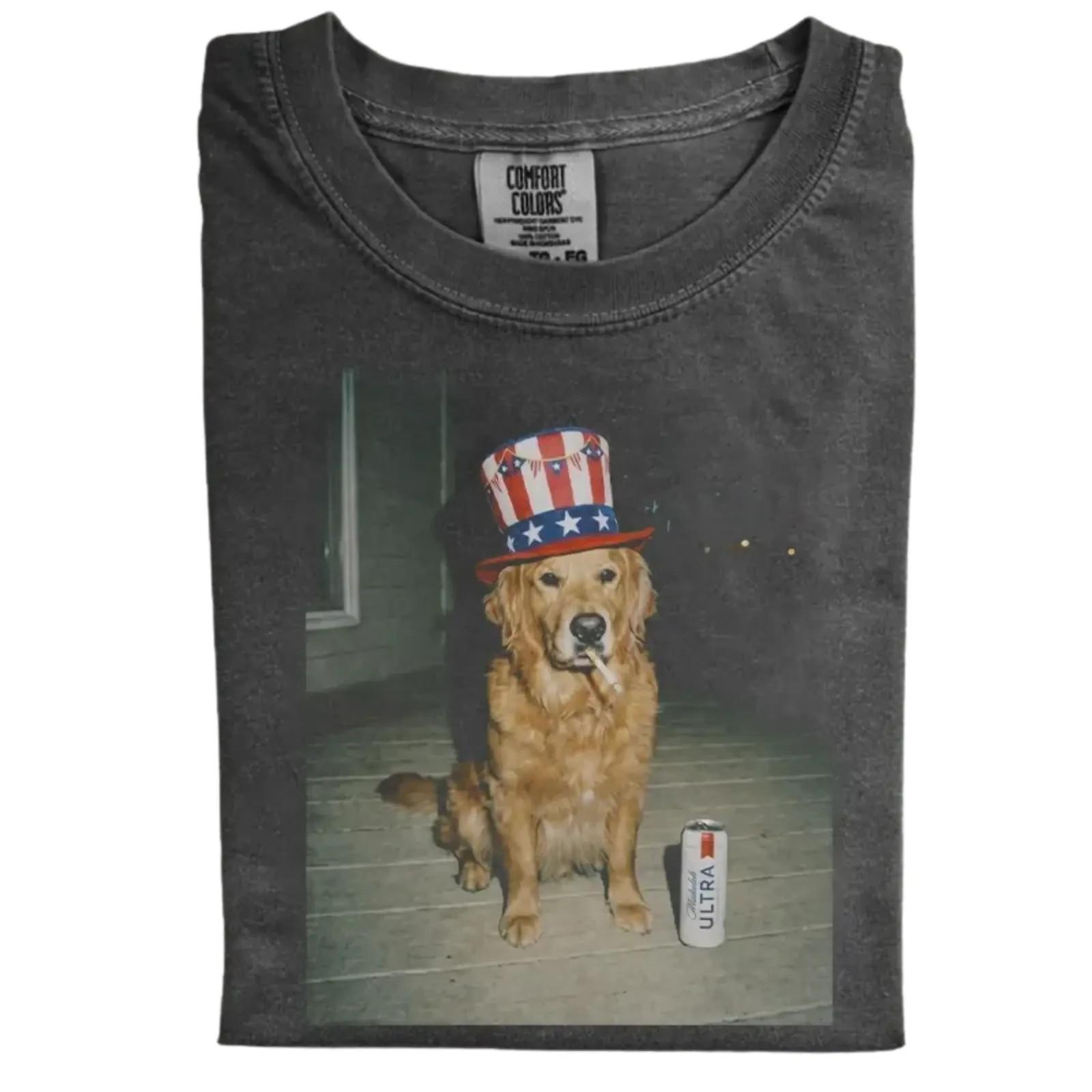 Patriotic Golden Retriever Party Dog washed T-Shirt, Vintage 90s Funny Meme Te Unisex T-Shirt S