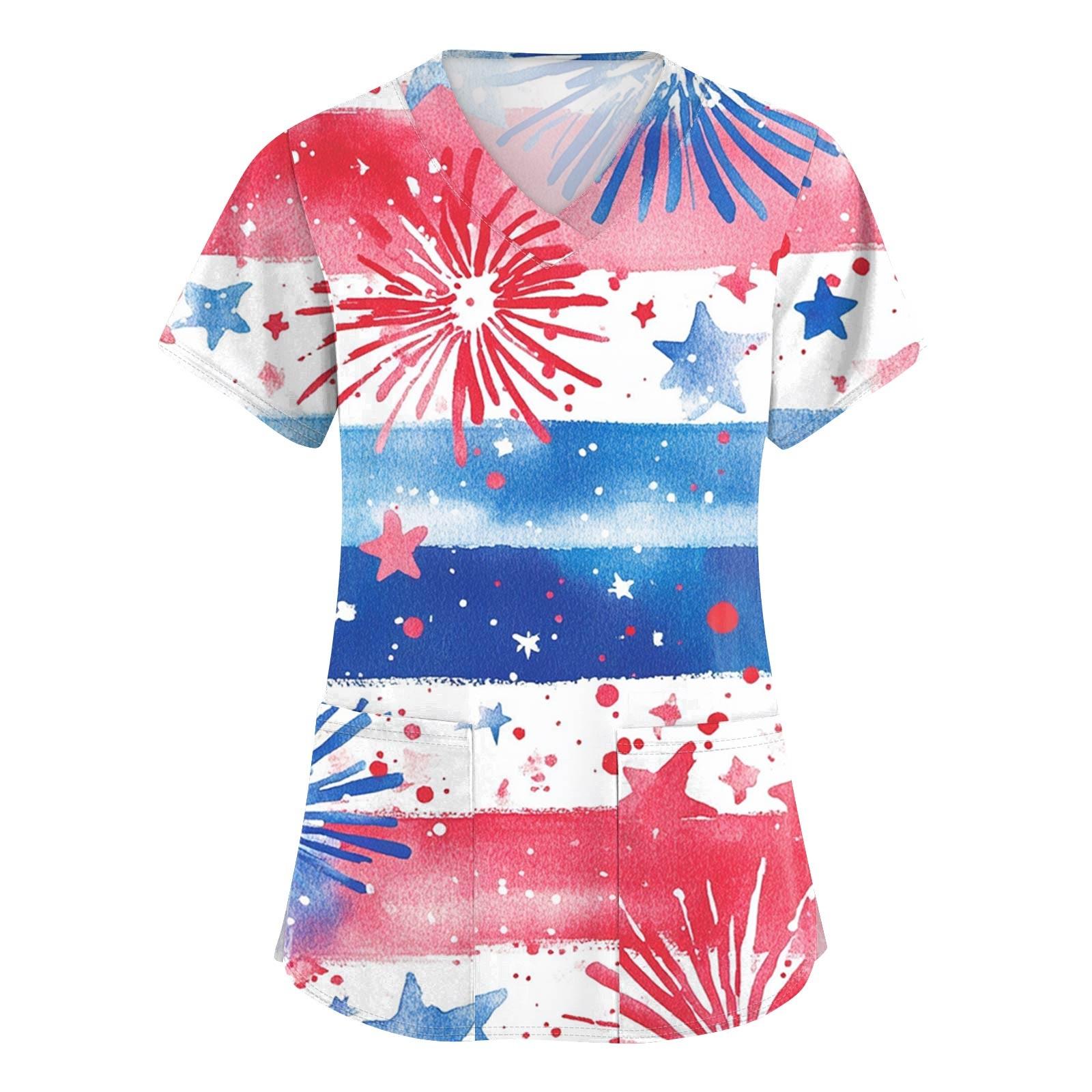

Women s Short Sleeve Independence Day Printed V-Neck Pocket Workwear Top XL синий