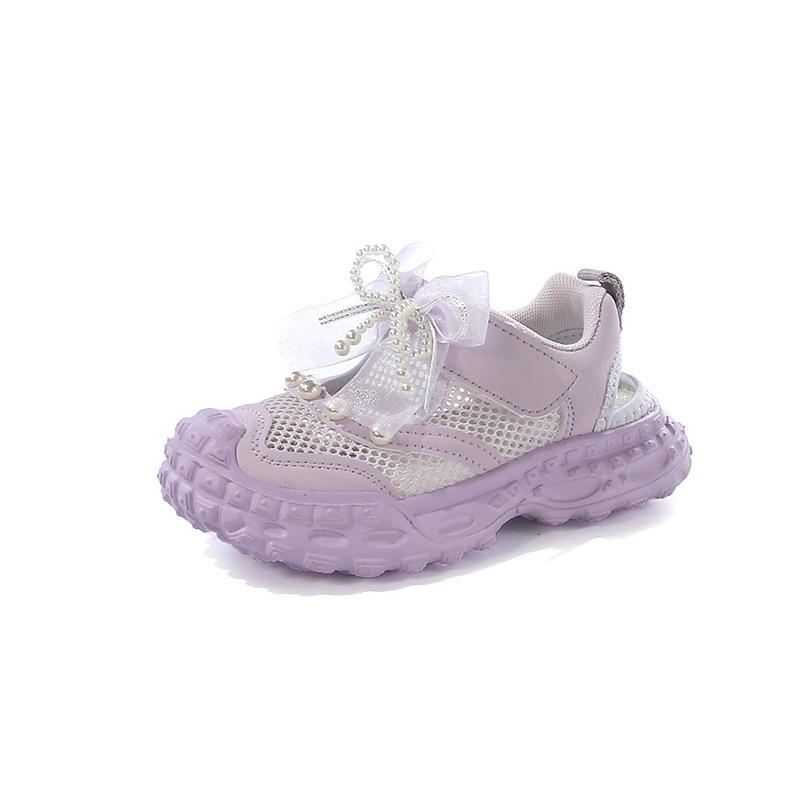 Girls' Sports Shoes 2025 Summer New Mesh Pearl National Style Bow Baby Girl Dad Shoes Single Mesh Hollow