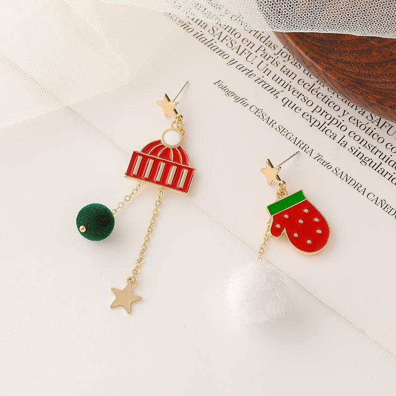 Christmas Star Silver Stud Earrings with Wool Ball & Asymmetrical Tassel - Winter Style Cartoon Clip for Girls