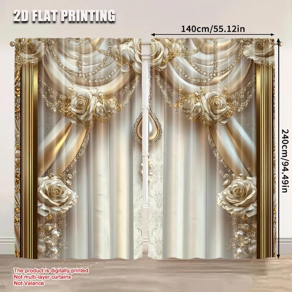 2Pcs Elegant Golden Flower Pattern Curtain For Home Decor Royal Style Curtains For Bedroom Office Kitchen Living Room
