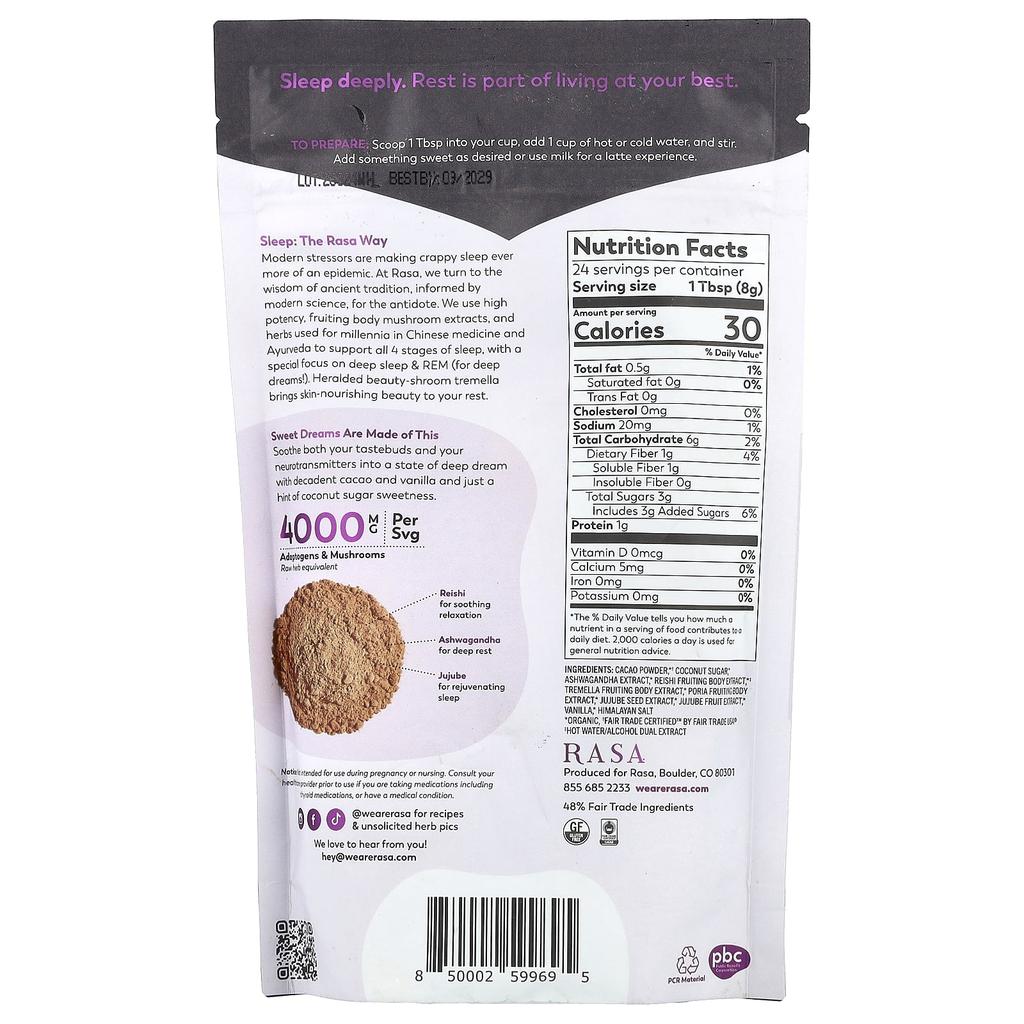 Rasa, Adaptogen and Mushroom Sleep Blend, Instant, Deep Dream Cacao, 6.77 Oz (192 G)