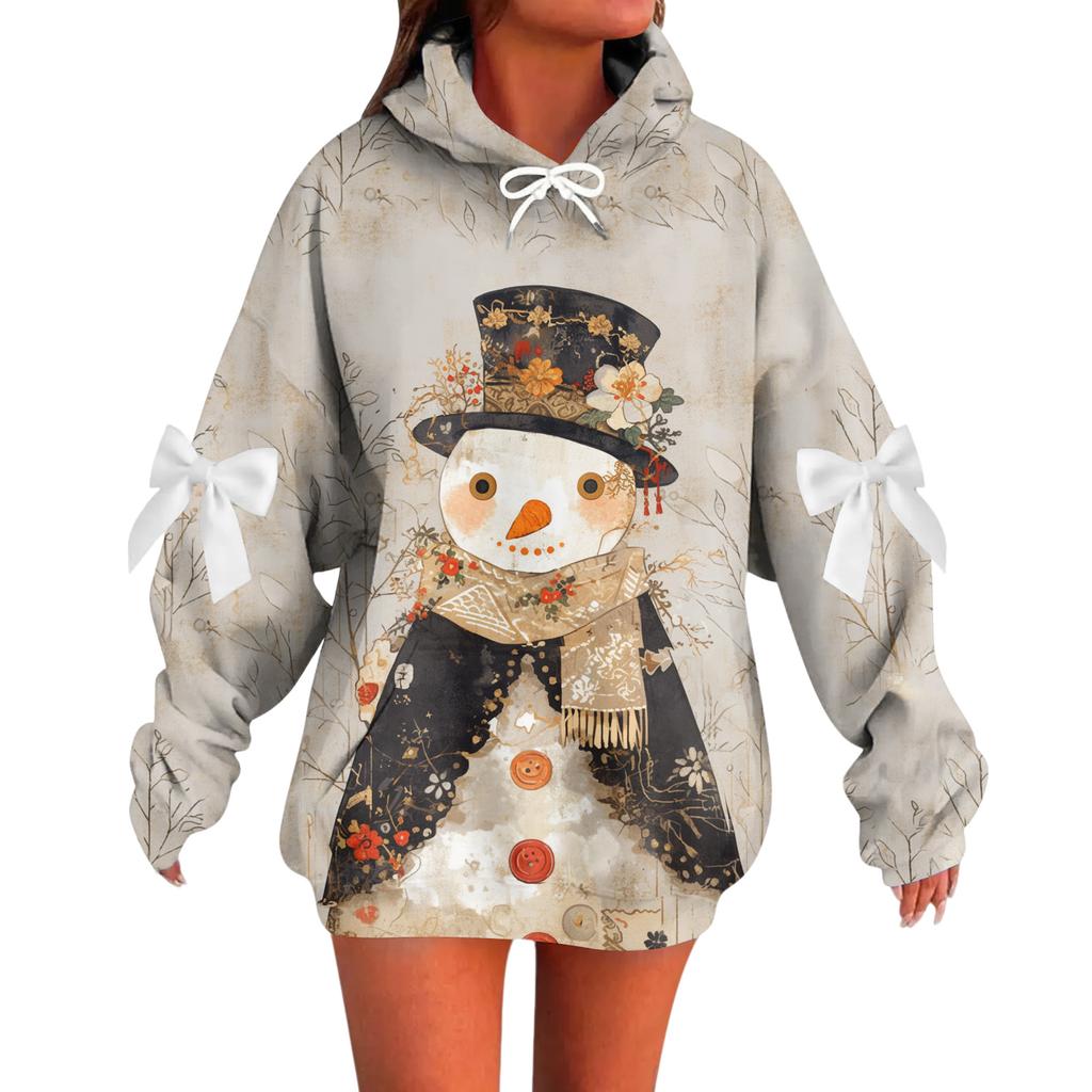 Ladies' Christmas Printed Bow Long Sleeved Loose Fitting Headband With Rope Hooded Sweatshirt Top