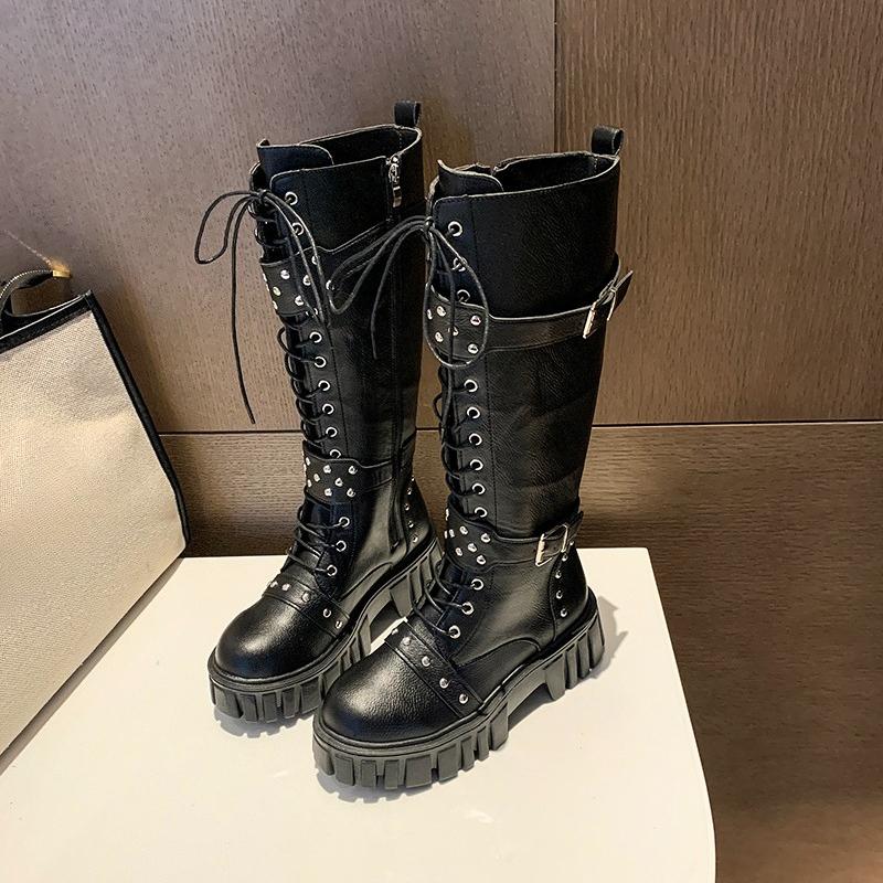 Fall/Winter  New Thick Leg Boots Knight Boots Plus Size Round Toe Rivet Belt Buckle Platform Tall Boots