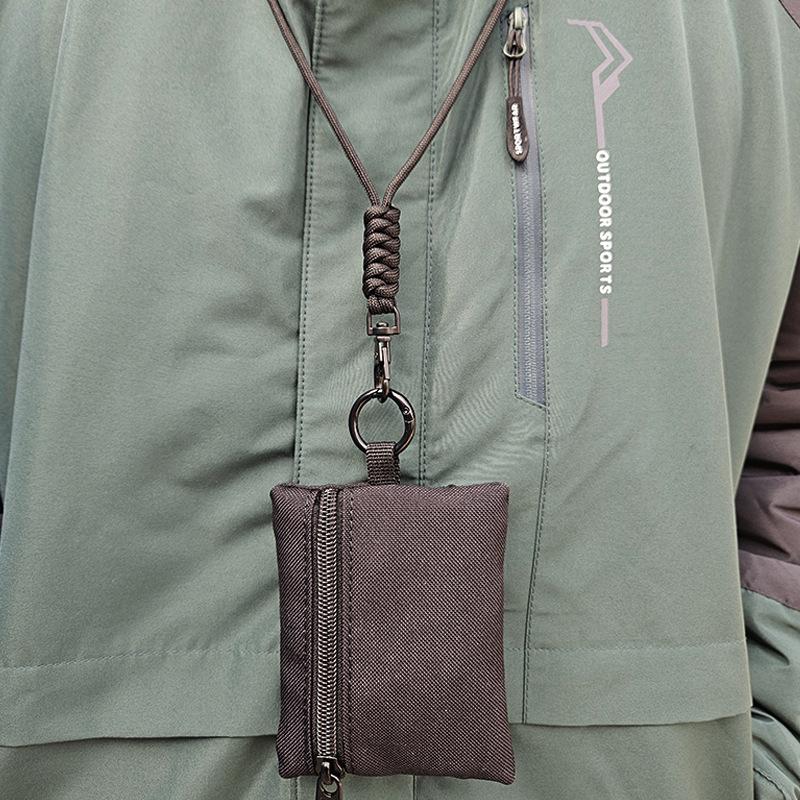 Pánská venkovní malá taška na krk s držákem na karty, mincovníkem, držákem na klíče, kapsou na Bluetooth sluchátka a šňůrkou pro studenty a seniory