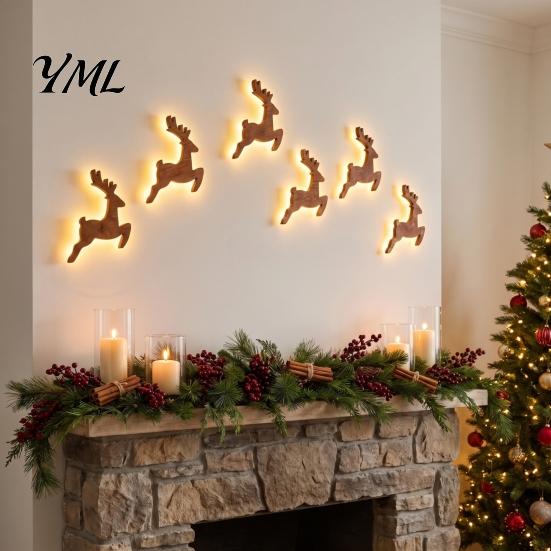 Seasonal Interior Wall Lighting LED Reindeer Decoration, 3D Light-Up Wooden Christmas Glow Silhouette Lights, Warm Backlit Lighted Art Peel And Stick