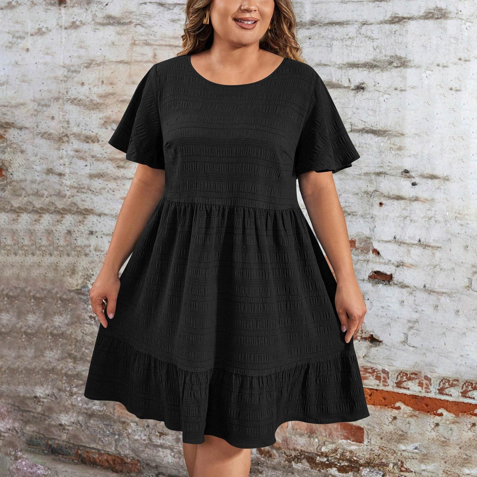 

Ladies Large Size Casual And Fashionable Color Dress, Loose Short Sleeved Waist Cinched Dress XL чорний