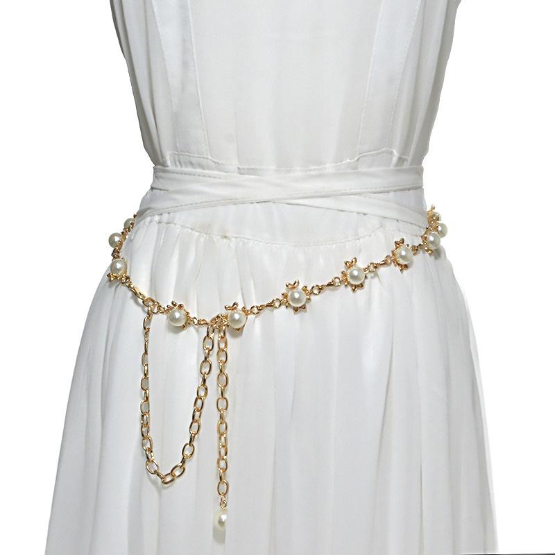 Women's new metal waist chain - cross-border fashion pearl inlaid belly dance chain belt