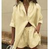 Summer Women Fashion Two Piece Set Casual Loose Button Tops with Drawstring Shorts Solid Color Home Suits Short Sleeve Outfit