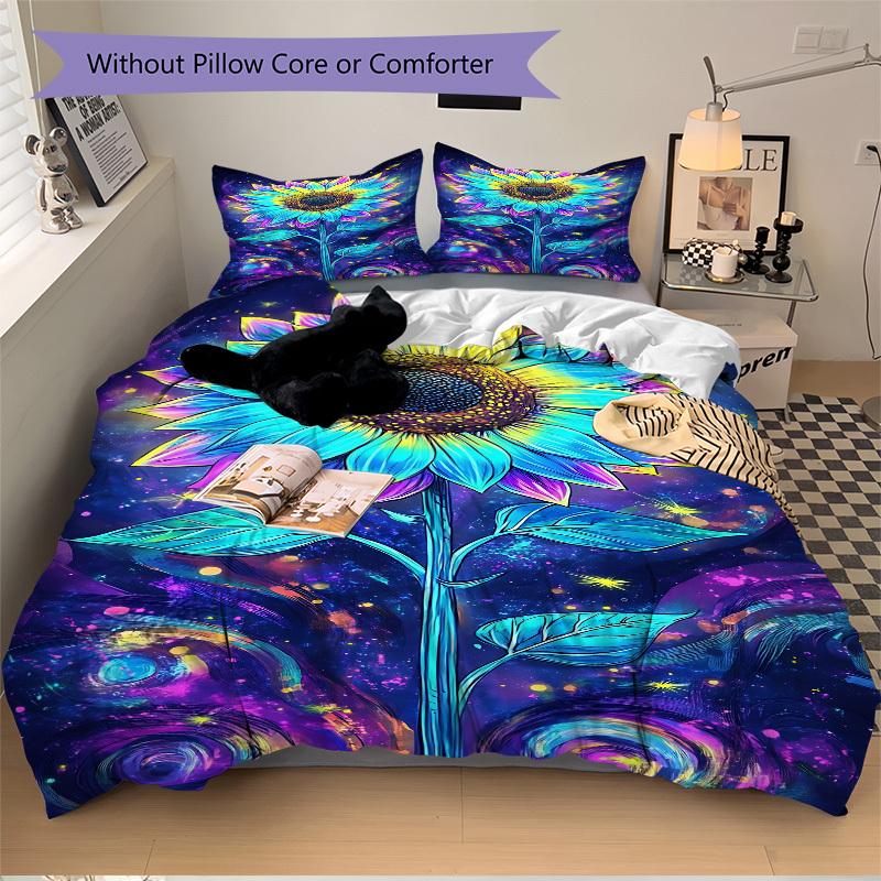 3pcs Cosmic Sunflower Bedding Set - 1 Duvet Cover + 2 Pillowcases(Core Not Included), Machine Washable Polyester, All-Season Comfort, Bedroo