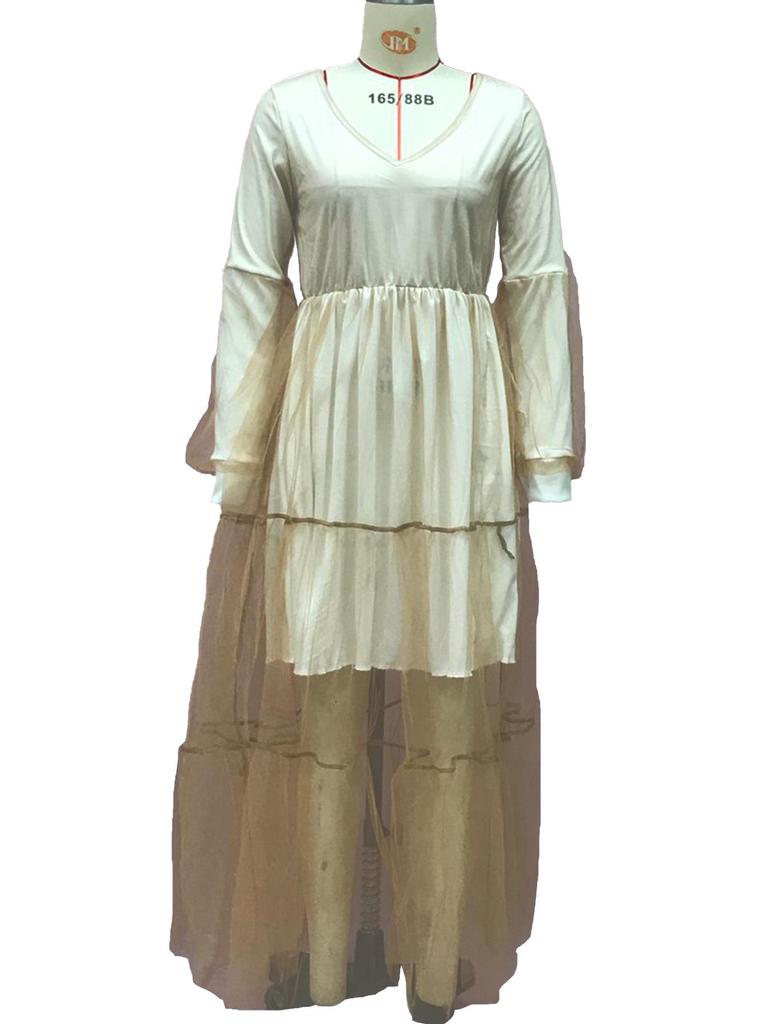 2025 Summer European & American Women's V-Neck Mesh Puff Sleeve See-through Maxi Dress