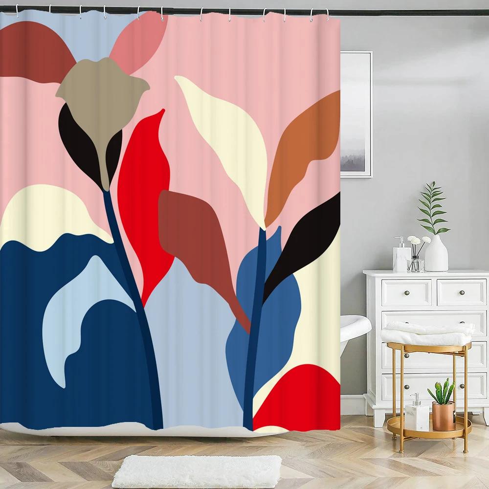 Nordic Style Abstract Art leaves Shower Curtain Waterproof Polyester Bath Curtain Morandi Color Block Curtain For Bathroom Decor