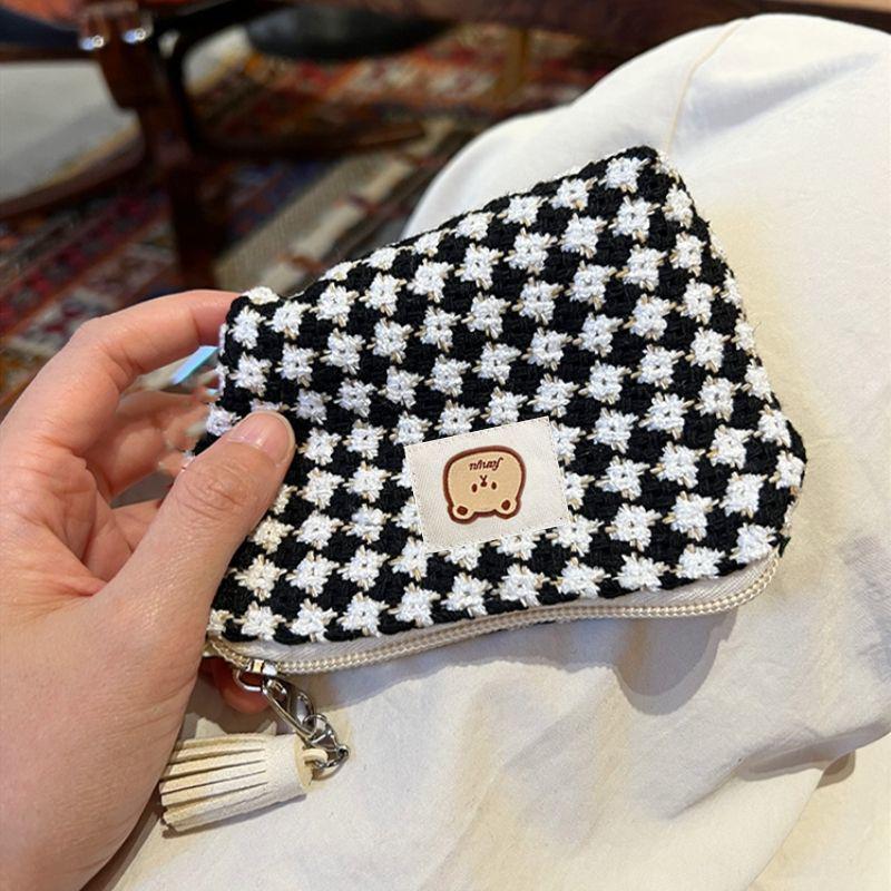 

Korean Style Black & White Checkered Makeup Bag: Portable, Spacious Lipstick Case and Coin Purse with Card Holder for Women. Storage Bag Only